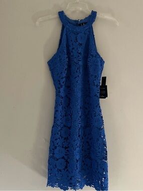 NEW Lulu's Size SMALL Blue Asymmetrical Lace Crochet Sleeveless High Neck Dress